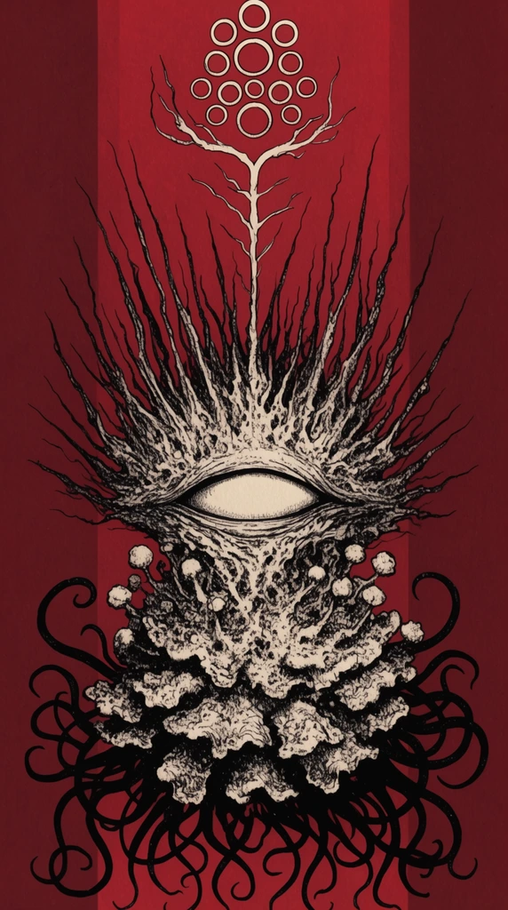 A symmetrical macabre ink illustration of a grotesque entity against a vertically banded crimson background. A blank horizontal eye sits between an upper burst of jagged ascending tendrils and a lower textured fungal mass sprouting writhing black tentacles. The upward tendrils support a branching vein-like sigil containing a cluster of hollow rings. The detailed art utilizes dense black and bone-white stippling.