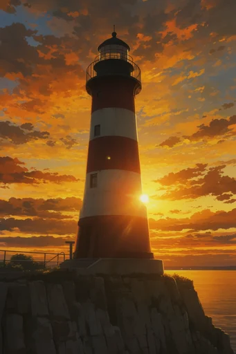 Nostalgic Golden Anime style reference image — volumetric sunset clouds