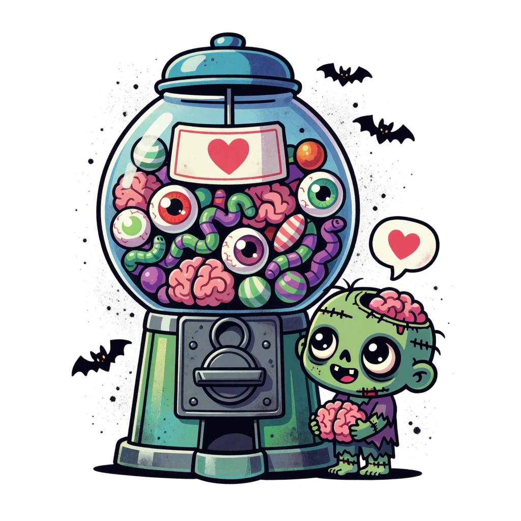 A vibrant, cartoon-style sticker illustration depicts a green vintage gumball machine filled with macabre treats and a small zombie child standing beside it. The gumball machine features a large glass globe topped with a green lid and sits on a matching green base with a silver coin mechanism. Inside the globe, a variety of gruesome items are packed together, including white eyeballs with green, red, or yellow irises, pinkish-red convoluted brains, segmented green and purple worms, and spherical candies with green and yellow stripes. To the right of the machine, a small, green-skinned zombie boy with wide black eyes and a patch of exposed pink brain on his head smiles while holding a brain in his hands. He wears tattered dark purple clothing and has a white speech bubble above his head containing a single red heart. Small, dark purple silhouettes of bats fly in the air around the machine. The entire illustration is set against a white background with tiny black speckles and is surrounded by a thick, white die-cut border typical of a sticker. The art style uses bold black outlines, a saturated color palette of greens, pinks, and purples, and simple cel-shading with white highlights to give the glass and metal surfaces a glossy appearance.
