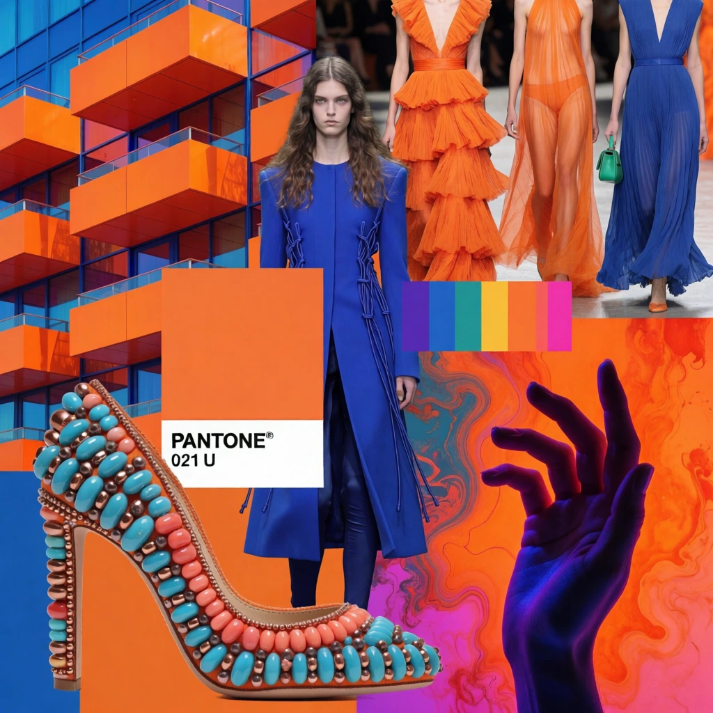 This vibrant fashion and design mood board presents a dynamic collage centered on a high-contrast color palette of vivid orange, cobalt blue, and neon accents. In the upper right, three runway models showcase elaborate gowns: one in a tiered, ruffled orange dress, another in a sheer, floor-length orange garment, and a third in a pleated blue dress accessorized with a small green handbag. Centrally, another model with long wavy brown hair stands wearing a long, structured blue coat with intricate cord detailing over dark leggings. To the left, a modern architectural structure features rows of bright orange balconies set against blue-tinted glass windows. An orange Pantone swatch is positioned near the center, displaying the black text "PANTONE® 021 U" in a clean sans-serif font on a white rectangular base. Below this, a detailed close-up highlights a high-heeled shoe heavily embellished with rounded beads in shades of turquoise, coral, and copper. In the bottom right corner, a human hand is silhouetted and illuminated with deep purple and blue light, reaching upward against a backdrop of swirling orange and magenta textures that resemble smoke or fluid art. A small horizontal color bar near the center-right displays five distinct vertical stripes in purple, teal, yellow, orange, and fuchsia. The composition is layered and overlapping, utilizing a mix of architectural photography, runway shots, and abstract digital art to create a cohesive aesthetic theme of saturated warmth and cool-toned shadows.