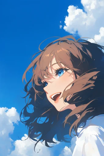 Vibrant Summer Anime style reference image — dynamic low-angle perspective
