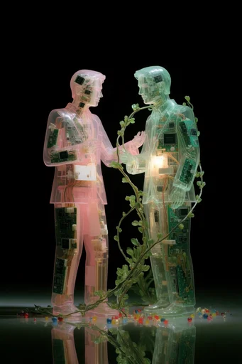 Translucent Bio-Cyber Assemblage style reference image — exposed circuit board anatomy