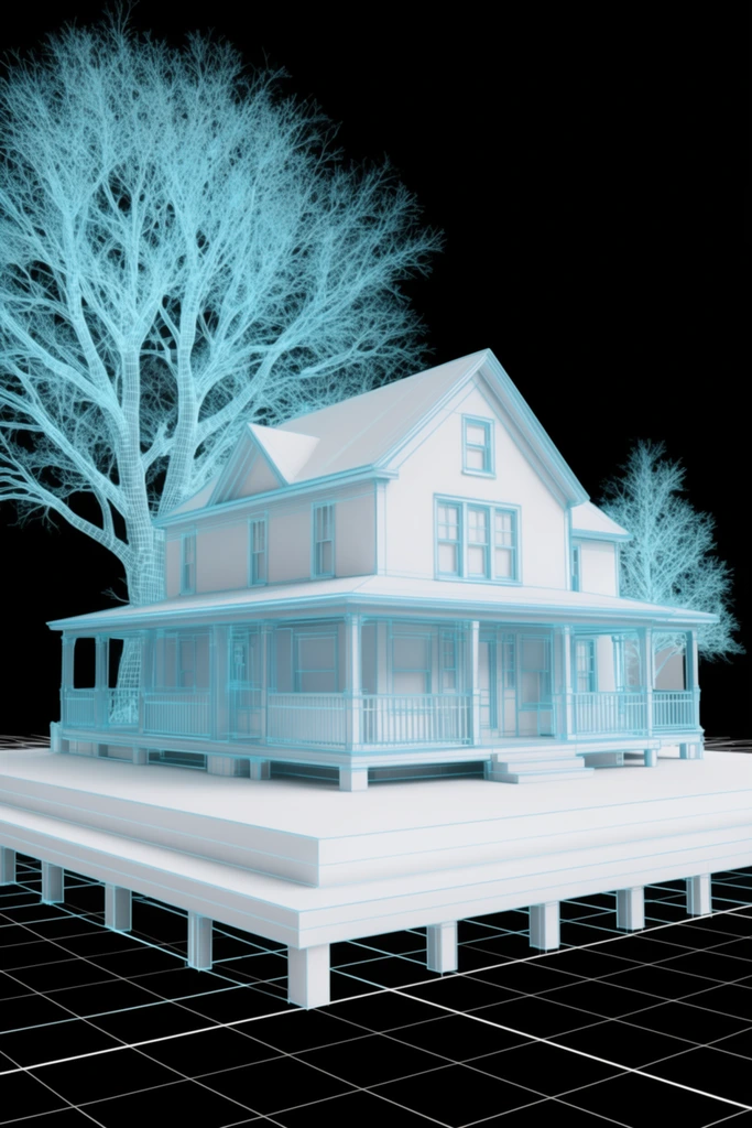 A hybrid 3D architectural rendering of a two-story house with a gabled roof and wrap-around porches, situated on a tiered white platform. The structure combines solid flat white surfaces with intricate bright cyan wireframe outlines defining every edge, window, and railing. Beside the house, a large tree with bare branches is rendered entirely as a complex network of cyan wireframe lines, alongside a smaller matching tree. The building rests on short piers above a solid black void. A minimalist white and cyan coordinate grid extends across the dark space beneath the foundation. The three-quarter elevated perspective emphasizes the structural geometry and the sharp contrast between the luminous blueprint aesthetic and the dark background.