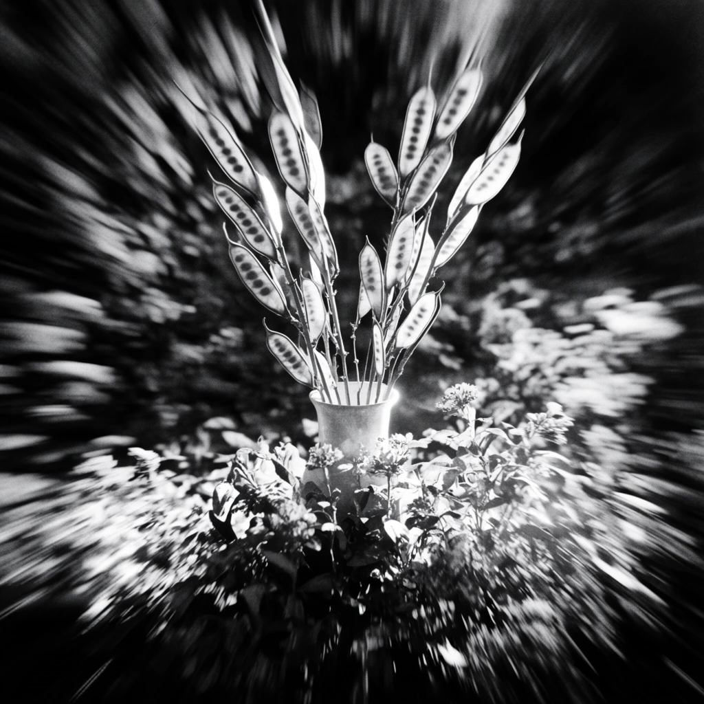 A centrally framed vase holding upright stalks of flat seed pods rises from a dense cluster of leaves and small flowers at its base, captured in stark, high-contrast monochromatic photography. An extreme radial zoom blur dictates the entire composition, originating from the sharp central focal point of the vase and stretching the peripheral leaves, floral details, and outer edges of the scene into heavy, rushing streaks of motion. Dramatic, intense illumination creates blown-out, brilliant white highlights along the edges of the seed pods and vase, dropping sharply into crushing, pure black shadows. A low-angle perspective tilts upward at the arrangement, emphasizing the vertical lines of the stalks against the heavily distorted, kinetic background. The black-and-white rendering features a coarse, gritty film grain, applying a high-velocity, dynamic optical distortion to the botanical still life.