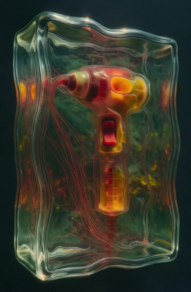 a cylindrical power tool with a sliding switch and numerical scale encased in a thick distorted glass block, wavy rippled edges creating a liquid aqueous effect, impressionistic and ethereal aesthetic, deep teal and emerald green background, warm glowing highlights in amber and gold, thin fiber-optic like red and orange lines, soft focus painterly textures, cinematic lighting with caustic reflections through glass, dreamlike surreal atmosphere, high-end commercial art style.