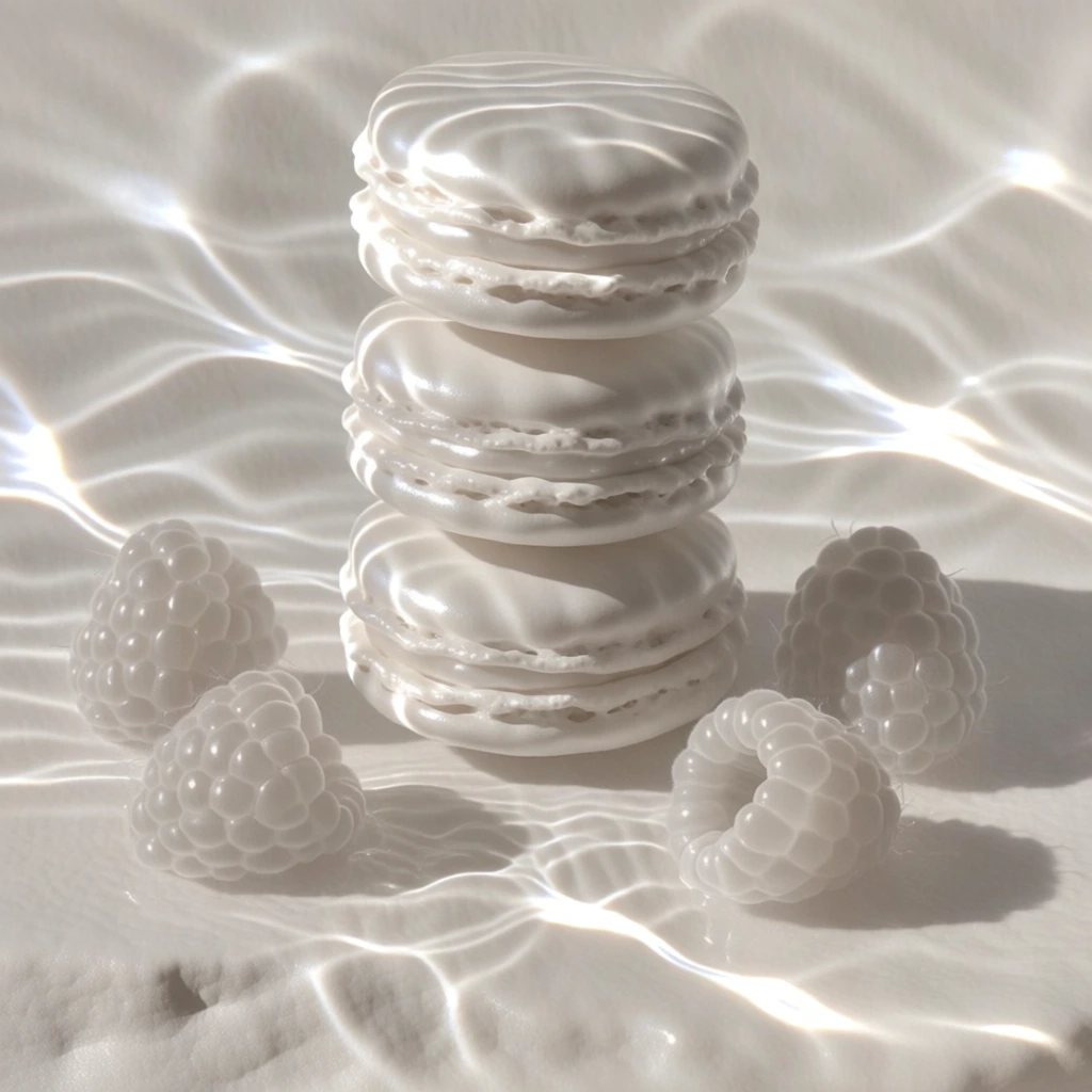three macarons stacked vertically in the center resting on a stone slab, four raspberries surrounding the base with two on the left and two on the right, plain background, monochromatic cream and ivory palette, ethereal caustic light refractions rippling across every surface, soft liquid ripple texture, minimalist luxury aesthetic, low contrast, delicate shadows, shimmering organic light patterns, high-signal studio rendering, serene atmosphere