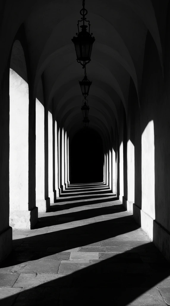 A stark black and white photograph of a receding arched colonnade fading into deep shadow. Intense directional sunlight strikes the thick pillars, casting sharp diagonal shadows across the stone floor and illuminating the interior walls. Silhouetted ornate lanterns hang from the center of each vaulted ceiling. The symmetrical one-point perspective creates a rhythmic geometric pattern of brilliant highlights and pitch-black voids, culminating in an endlessly dark vanishing point.