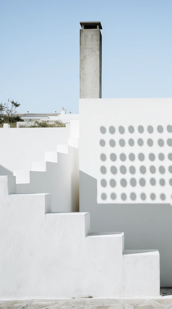 Minimalist stark white geometric architecture, stepped stucco walls, bright sunlight, tall concrete chimney, rows of circular shadow cutouts on a flat facade, distant roofline with sparse greenery, clear light blue sky, sharp architectural photography, clean lines, high contrast