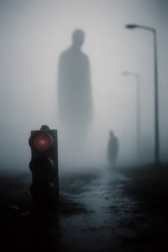 Monochrome Surrealist Solitude style reference image — dense atmospheric fog
