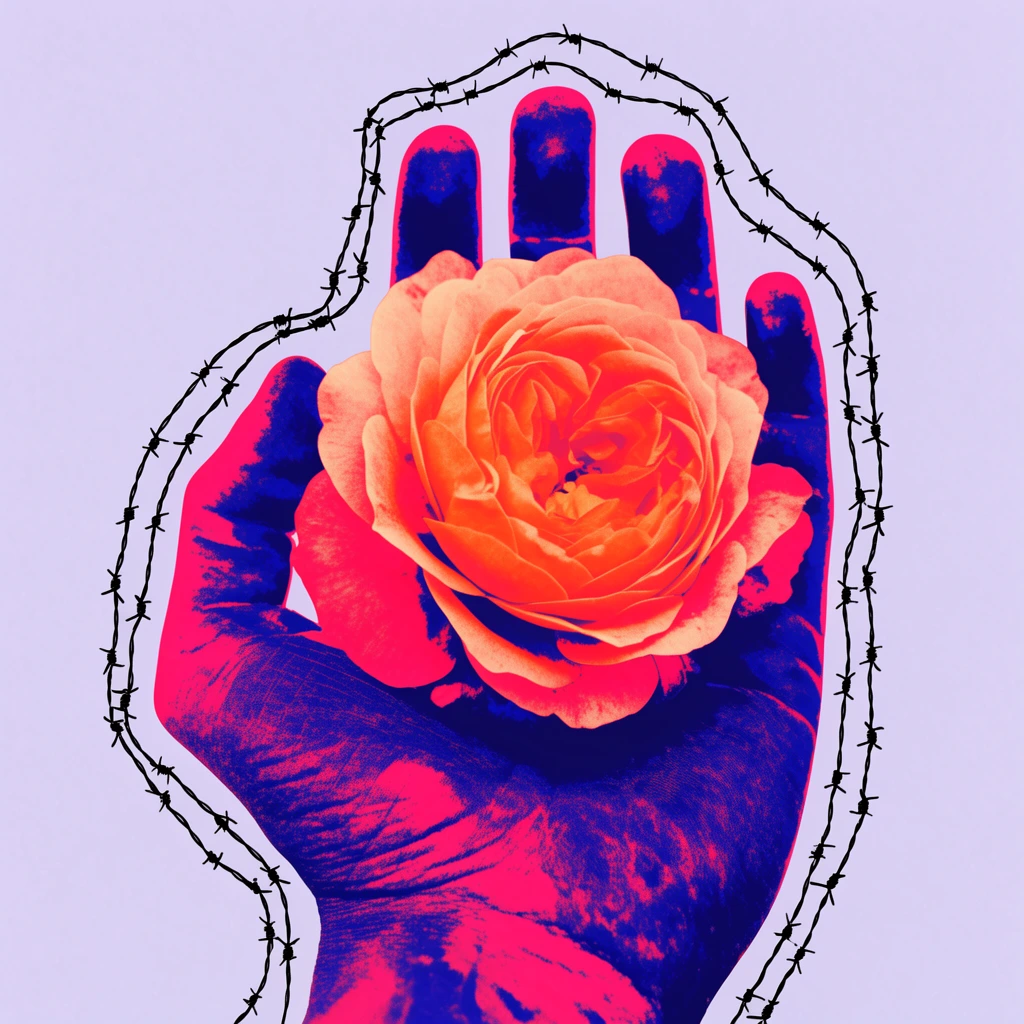 A heavily posterized, upward-facing open hand rendered in striking neon pink and deep indigo holds a fully bloomed coral and orange rose. Delicate, hand-drawn black barbed wire loosely frames the hand's silhouette. The high-contrast, false-color composition rests against a flat pale lavender background, evoking a bold surrealist collage aesthetic with gritty photographic textures.