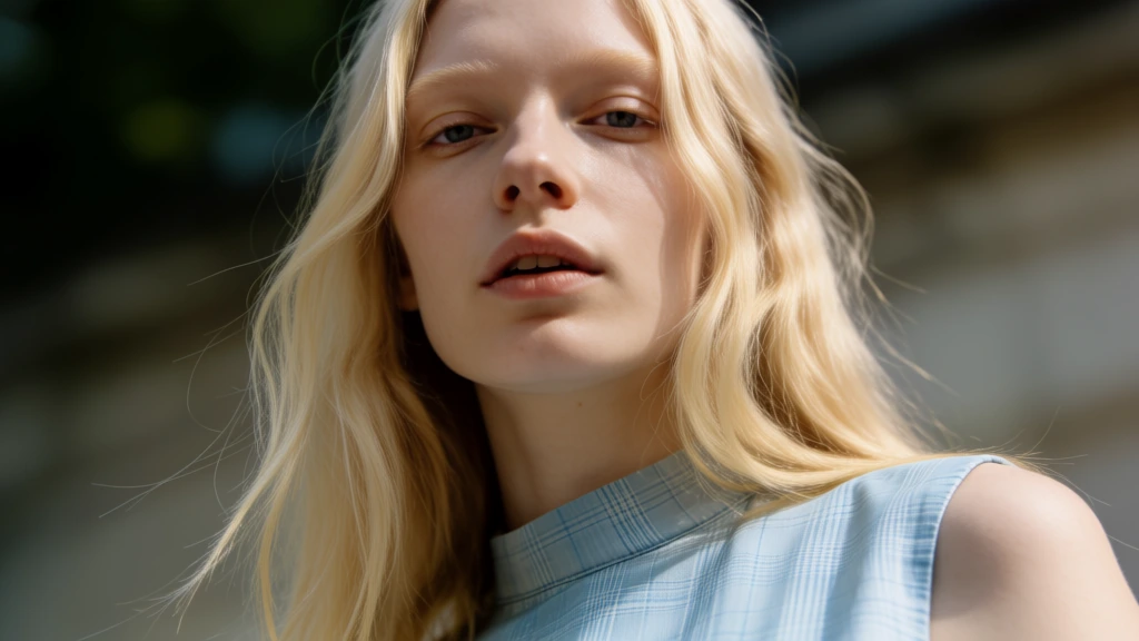 editorial fashion portrait, close-up, low angle, Two twenty-year-old blonde european girls in soft blue plaid dresses, sitting at a surreal garden table, with long straight blonde hair, porcelain skin, serene, detached expressions, eating with silver cutlery, behind them garden sculptures, whimsical topiary shapes, pastel color palette, soft natural lighting, minimalist landscape,natural daylight creating subtle highlights on the nose, cheeks, and forehead, visible pores, fine hair, and natural skin imperfections preserved, high-end, no retouching, no skin smoothing