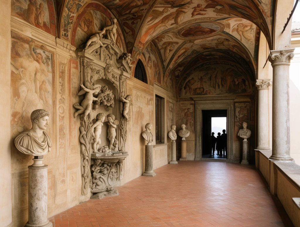 vaulted Renaissance loggia, faded mythological frescoes on ceiling and walls, ornate stone niche with sculpted cherubs, classical marble busts on pedestals, terracotta herringbone floor, silhouetted figures in open doorway, warm natural daylight, earthy ochre color palette, deep architectural perspective
