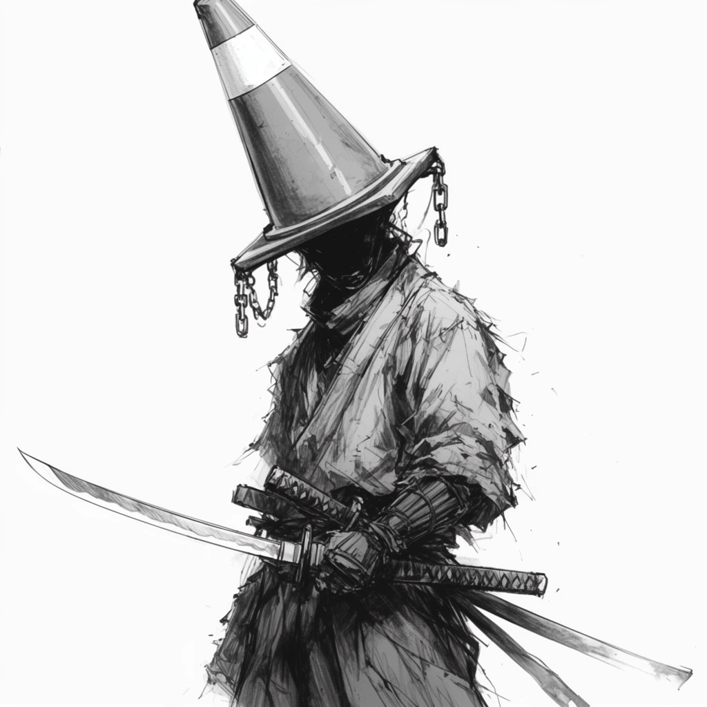 monochrome sketch, humanoid samurai wearing a traffic cone helmet, dark obscured face, chains dangling from cone base, holding curved katana, ragged clothing, energetic linework, white background
