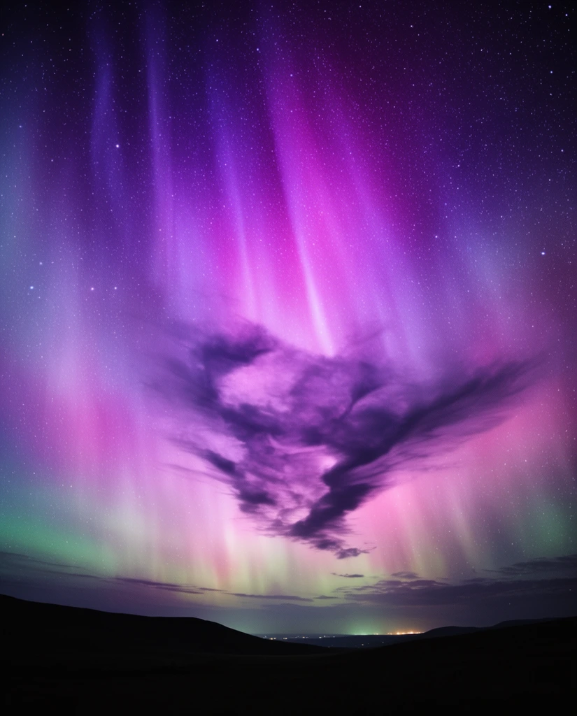 vibrant purple and pink aurora borealis filling a starry night sky, distinct dark wispy cloud formation, faint green horizon glow, black silhouetted rolling hills, distant ground lights