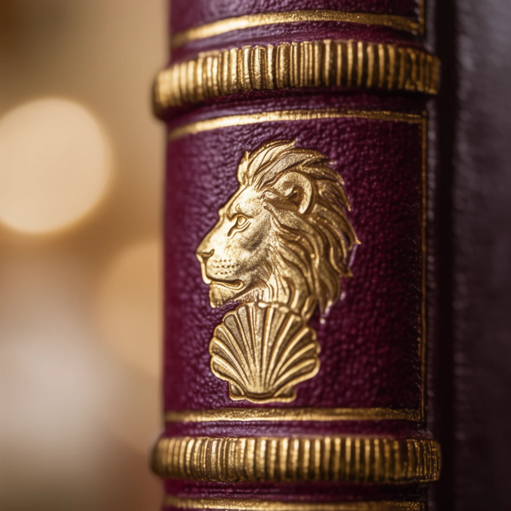 macro photography of a textured burgundy spine, metallic gold foil stamping, embossed lion profile, scalloped shell emblem, ribbed gold borders, extreme shallow depth of field, warm creamy bokeh background
