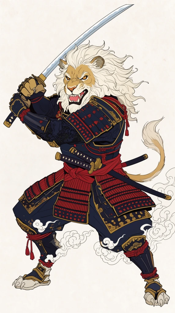 An anthropomorphic lion-dog samurai holds a raised silver katana in a wide combat stance against a textured off-white background. The creature has a stylized white mane, fanged snout, and fierce expression. It wears intricate dark navy, crimson, and gold traditional armor with decorative lacing and metal ornaments. A second sword is sheathed in a red waist sash. Swirling white cloud motifs trail from the lower garments. The piece is a crisp line illustration featuring flat, vivid coloring that combines classic woodblock motifs with sharp modern character design.