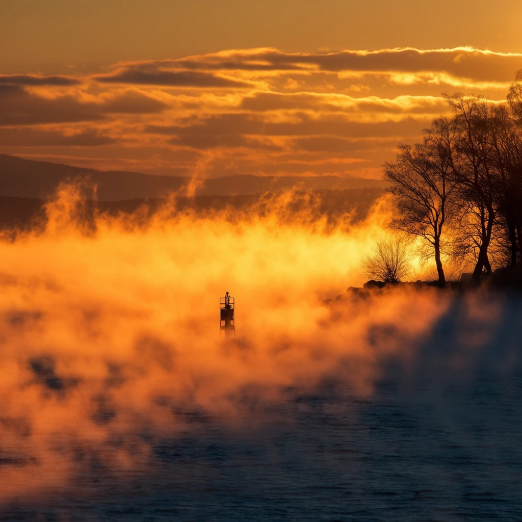 Dense glowing orange sea smoke rising from dark blue water, intense golden sunlight illuminating thick mist from behind to create a fiery ethereal effect, small silhouetted navigation buoy shrouded in fog, dark silhouetted bare trees on a shoreline to the right, distant low hills fading into haze, layered cloudy sky bathed in warm amber light, landscape photography, cinematic backlighting, high contrast, telephoto compression, dramatic dawn atmosphere