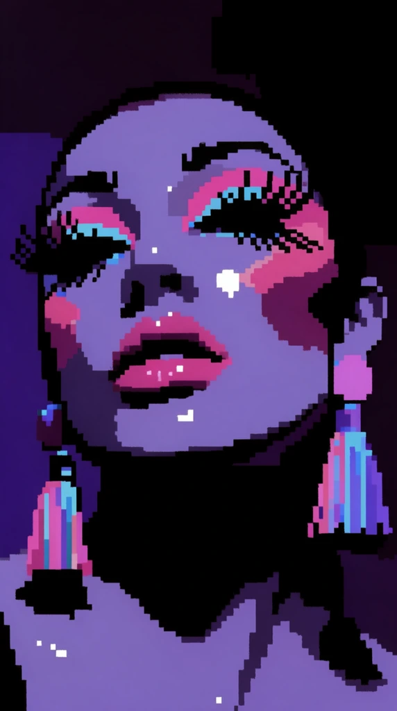 A person's face rendered in chunky, low-resolution pixel art, featuring dramatic theatrical makeup applied in stark, flat blocks of vibrant color. The visage is adorned with long, jagged pixelated false eyelashes and high, drawn-on eyebrows formed by stair-step aliased lines. Large tassel earrings hang alongside the cheeks, constructed from distinct square pixels in vivid hues. Harsh, directional lighting creates extreme high contrast, casting stark, solid black, rigidly stepped shadows across the facial features. Bright, single-pixel white highlights dot the high points of the face. The limited, retro video game color palette is heavily dominated by deep, moody purples and absolute blacks, offset by striking saturated pink and bright cyan accents on the makeup and accessories. The 8-bit digital aesthetic features heavily aliased edges, positioning the portrait against a dark, minimal background composed of large geometric patches of deep violet and an impenetrable black void.