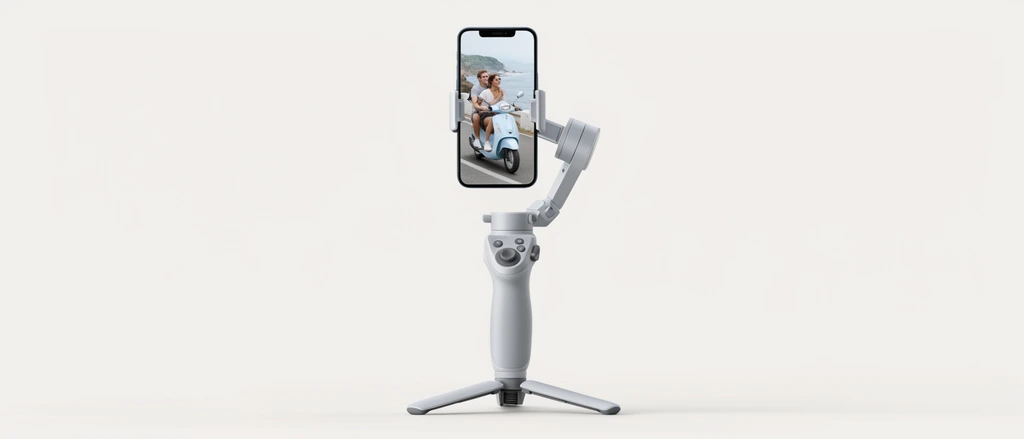 light gray handheld smartphone gimbal stabilizer on a mini tripod, motorized clamp holding a vertically oriented smartphone, screen showing a couple riding a light blue motor scooter on a coastal road, articulated mechanical arms, ergonomic handle with circular joystick and buttons, solid off-white studio background, minimalist product photography, soft even lighting, front center perspective