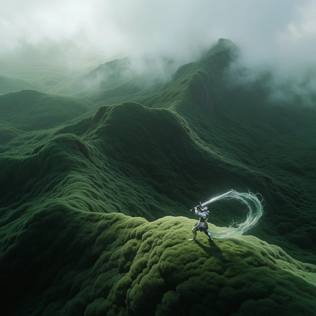 ultra-high angle cinematic wide shot, misty lush green rolling hills with velvety moss texture, dramatic mountain ridges fading into thick fog, ethereal atmospheric perspective, monochromatic deep emerald and sage color palette, soft diffused lighting, a knight in polished silver full plate armor on a prominent central ridge, swinging a massive broadsword with a fluid luminous trail of swirling water following the blade, minimalist composition, tiny subject against vast landscape, surreal aesthe