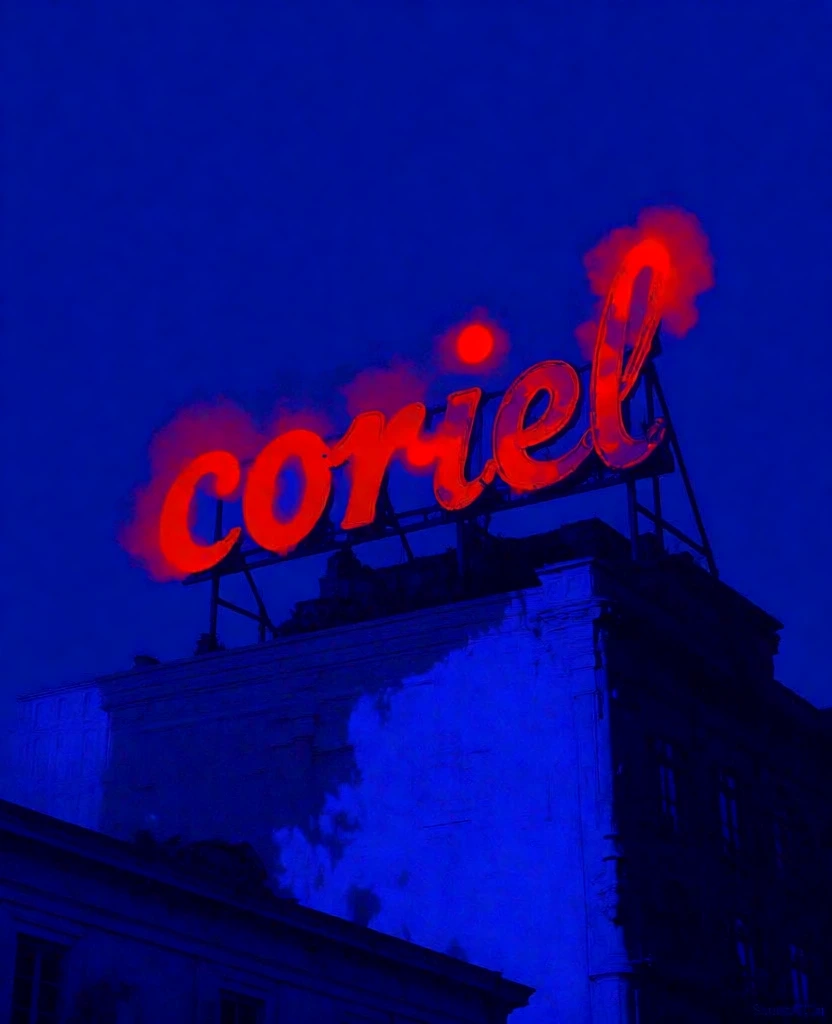 a glowing neon sign spelling "coriel" in lowercase fluorescent red script, mounted to a monolithic rectangular building silhouetted against a deep ultramarine sky, rendered in a high-contrast duotone style, the letters emitting a soft hazy halation, the architecture and environment bathed in monochromatic cobalt shadows, flat saturated color blocking, surrealist noir atmosphere, minimalist composition, zero midtones, vibrant emissive lighting, clean graphic lines.
