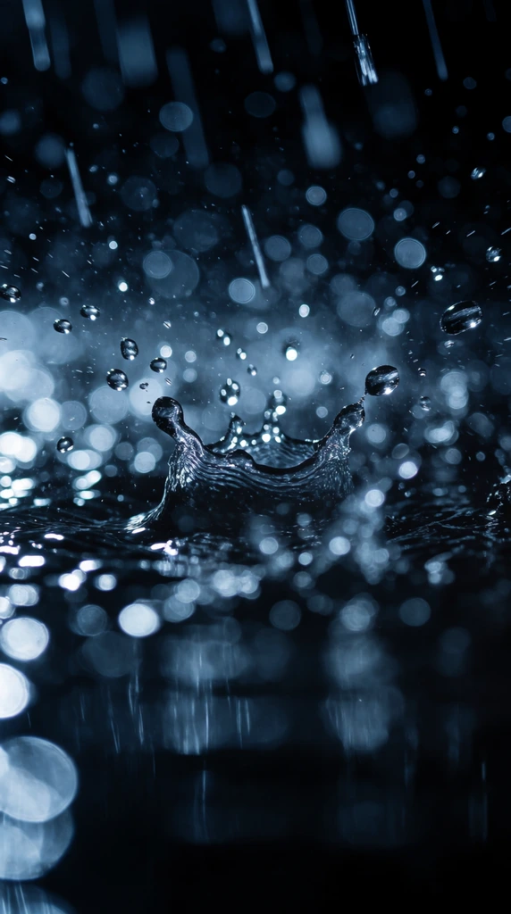 High-speed macro photography capturing heavy rain striking a dark, rippling puddle. A central, crystal-clear water splash forms a delicate upward crown, surrounded by hundreds of suspended droplets frozen in mid-air. The entire composition is saturated in deep, moody monochromatic navy and cyan tones. Streaks of falling rain slice diagonally through the frame. The foreground and background dissolve into a dense, hazy bokeh of overlapping circular light flares and blurred water particles. Cinematic backlighting catches the glassy edges and refractions of the droplets, creating stark contrast against the inky black-blue environment.
