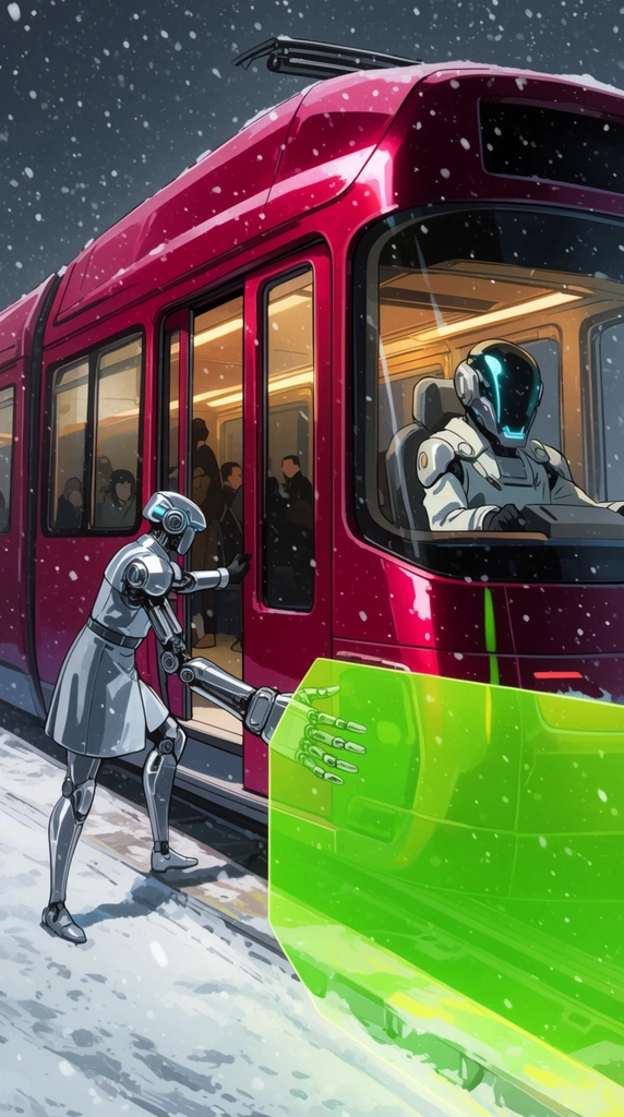 sleek crimson hover-tram at a snowy elevated platform, robotic conductor in a silver uniform leaning out the sliding doors, reaching a mechanical arm toward a massive neon-green energy shield in the lower foreground, driver with a futuristic helmet in the cockpit, heavy snowfall against a dark sky, sci-fi anime style, vibrant contrast between the crimson hull and white snow, warm interior lights illuminating passenger silhouettes, precise cel-shaded aesthetic