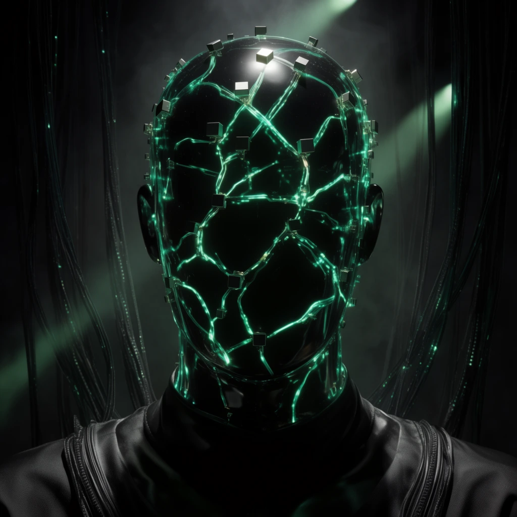 A straight-on portrait of a faceless obsidian mannequin bust. Glowing emerald-green circuits pulse chaotically across its dark reflective surface. Small metallic cubes hover just above the intersections of these glowing pathways. The figure wears a matte synthetic garment with textured ridges. Thick black fiber-optic cables hang vertically in a smoky heavily shadowed background. Faint green spotlights pierce the darkness casting dramatic highlights on the sleek bust. Cinematic high-contrast lighting emphasizes vivid neon against a pitch-black setting.