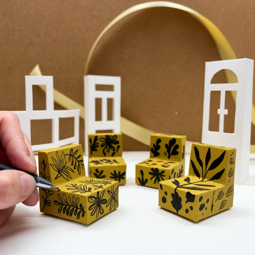 left hand drawing black botanical patterns on a miniature mustard yellow chair with a pen, four blocky diorama chairs on a white surface, white architectural cutouts, brown backdrop with curved ribbon, macro craft photography