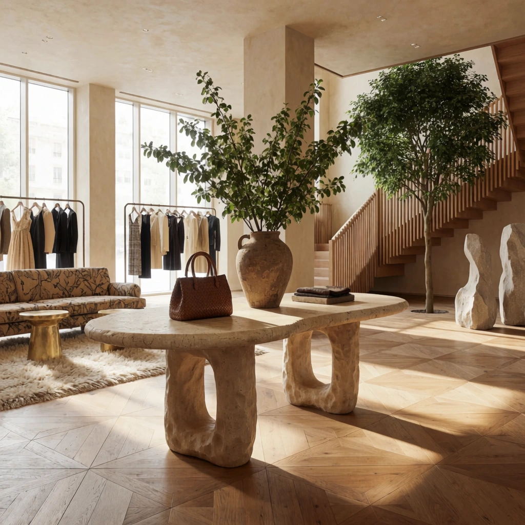 A sunlit luxury boutique centered on an organic beige stone table with thick, hollowed legs holding a rustic vase with tall leafy branches and a woven handbag. Geometric hardwood parquet grounds the warm, earthy space. To the left, a patterned sofa rests on a shaggy rug near a gold side table. Garment racks stand before bright floor-to-ceiling windows. On the right, a living tree grows through the floor beside a slatted wood staircase and abstract stone sculptures, illuminated by natural daylight in a wide-angle composition.