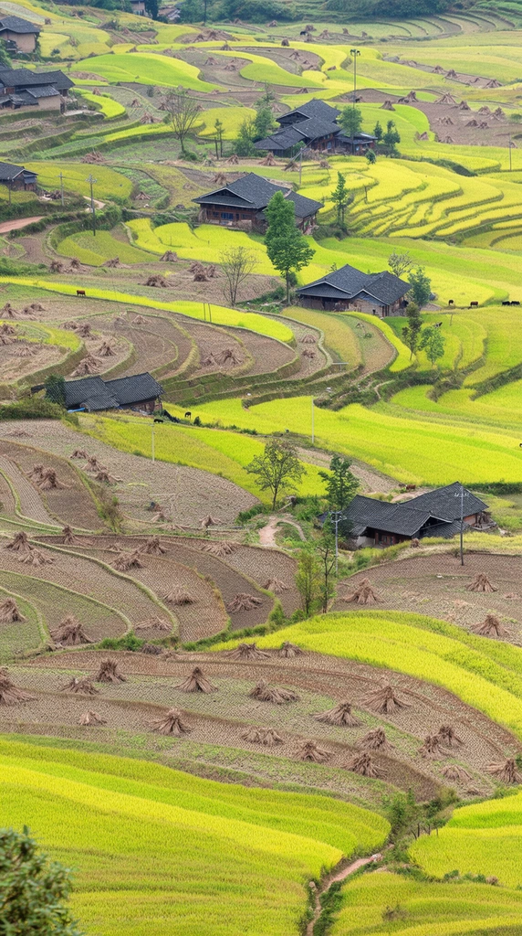 A high-angle landscape photograph captures undulating terraced fields stretching across a hillside. The land forms a patchwork of vibrant yellow-green crops and earthy brown harvested plots dotted with bundles of dried vegetation. Scattered throughout the curving topographic contours are traditional rural dwellings with dark gray sloped roofs. Sparse green trees, slender utility poles, and tiny silhouettes of livestock traverse the narrow dirt paths. Captured in diffused natural daylight with a deep depth of field, the wide composition emphasizes the sweeping organic curves of the agricultural terraces contrasting with the sharp geometric lines of the rustic architecture.