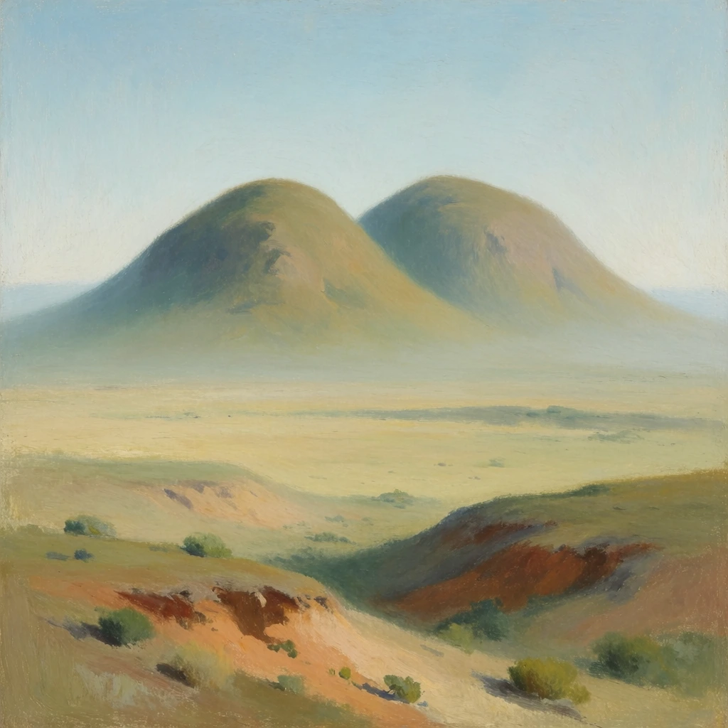 A landscape painting of two prominent, rounded mountains rising from a vast plain under a pale blue sky. The foreground features undulating terrain with exposed reddish-brown earth and scattered green scrub. An expansive middle ground stretches in pale yellow and light green hues toward the central twin peaks. The mountains are rendered with soft gradients of muted green and ochre, enveloped in a gentle atmospheric haze. The artwork displays visible, textured brushstrokes, soft edges, and an earthy color palette.