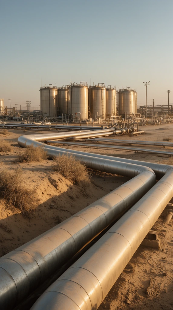 expansive industrial desert landscape, massive thick silver metal pipelines running across arid sandy terrain in the foreground, sparse dry scrub brush clinging to dirt mounds, vast complex of cylindrical steel storage tanks in the background, warm golden hour sunlight reflecting off metallic surfaces, intricate network of thinner pipes and utility poles surrounding the facilities, clear pale blue sky gradient, deep depth of field, realistic documentary photography style, high level of structural detail, warm low-angle lighting casting long shadows across the dusty ground