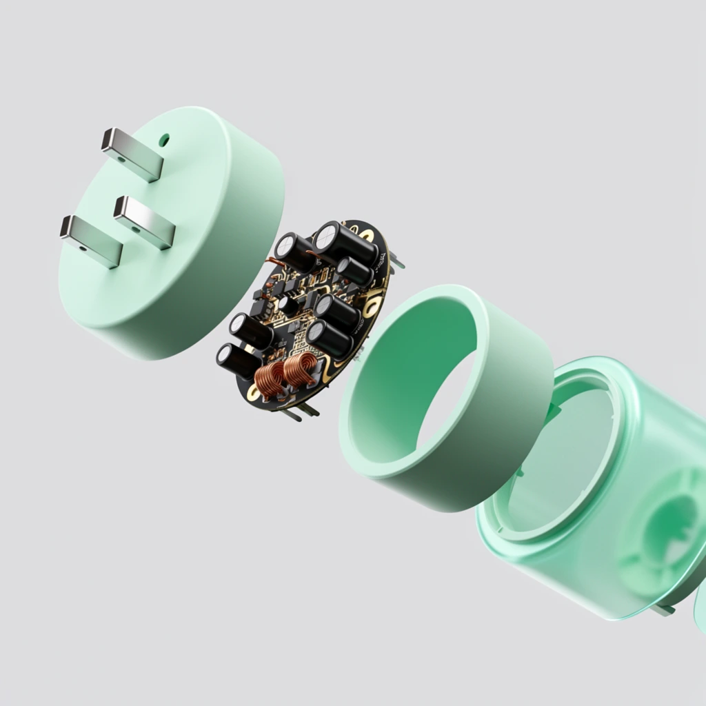 An exploded-view 3D product render of a cylindrical electrical adapter floating diagonally against a seamless light gray background. Separating sequentially from top-left to bottom-right, the components begin with a matte mint green circular faceplate featuring three rectangular metallic prongs. Behind it floats a complex black circular printed circuit board detailed with gold traces, copper coils, and black cylindrical capacitors. Next is a hollow, matte mint green cylindrical inner housing, followed by a translucent mint green outer shell. Soft studio lighting highlights realistic material textures, contrasting the minimalist pastel plastics with the intricate internal electronics.