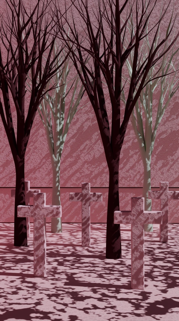 Four bare trees stand among scattered crosses within a heavily textured, monochromatic pink 3D-rendered environment. The trees feature solid dark burgundy and pale greenish-grey tones, contrasting with the encompassing muted pink and rose hues of the scene. The scattered crosses, the flat ground plane, and the vertical background wall all share a uniform, heavily mottled, cracked, stucco-like speckled pattern. Hard, highly directional lighting strikes the scene, casting sharp, high-contrast, intricate dappled shadow patterns that deeply overlay the trees, crosses, floor, and wall. The dimensional elements exhibit a subtle pitted, hammered matte surface texture. A defined horizontal crease separates the ground from the background, grounding the stark, graphic composition defined by dramatic chiaroscuro and stylized procedural digital materials.