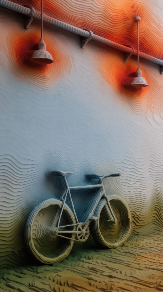 A bicycle leans against a large, unadorned wall, with an overhead horizontal pipe running along the ceiling structure and suspending two hanging light fixtures, the entire scene rendered as deeply ridged, undulating topographical layers resembling intricate stacked papercraft or procedural 3D extrusion. Every element in the composition is formed from heavily textured, stepped strata and continuous parallel striations that seamlessly flow between the objects and the architecture. The surreal environment features a dramatic, shifting color gradient, anchoring the floor and the base of the bicycle in earthy olive greens and ochres, transitioning upward into cool pale blues and soft grays across the expansive wall, and culminating in intense, fiery vermilion and burnt orange blooms radiating around the ceiling structure and light fixtures. Soft, volumetric lighting illuminates the corrugated contours, casting precise, deep shadows within the countless recessed layers to amplify the hypnotic, highly dimensional aesthetic of the fluid yet rigidly terraced forms.