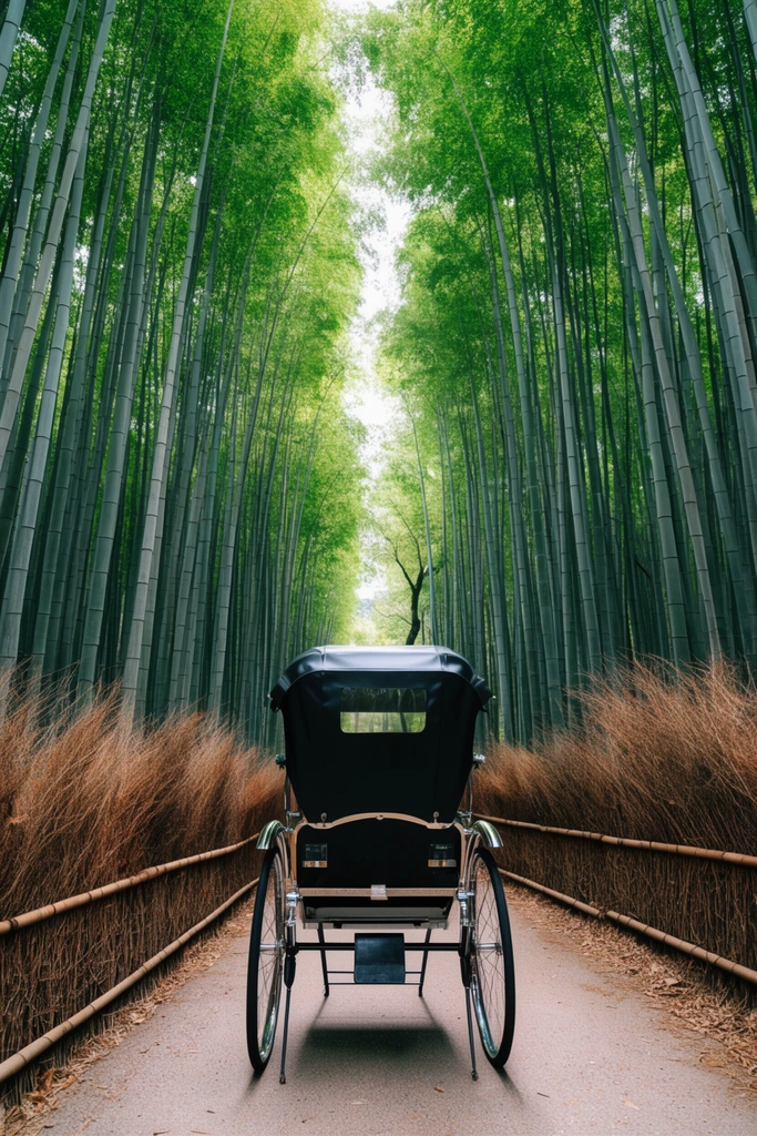 Black rickshaw on a paved path, towering green bamboo forest, dry brown brush behind low bamboo fences, symmetrical wide-angle composition, leading lines, natural lighting