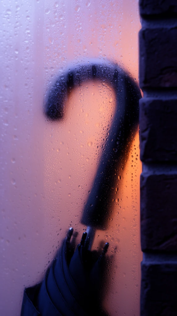 Frosted glass covered in condensation droplets, blurred dark umbrella handle silhouette behind pane, dark brick wall edge, diffused warm orange and cool purple lighting, moody atmosphere