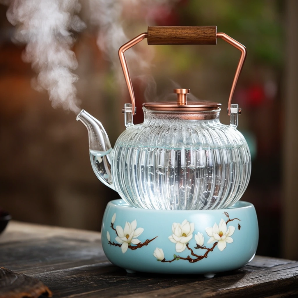A ribbed glass teapot filled with boiling water rests on a light blue ceramic warming base adorned with white magnolia flowers and brown branches. Thick white steam billows from the spout. The pot has an angular copper handle with a wooden grip and sits on a rustic dark wooden table. The deeply blurred background features muted earthy tones of brown, green, and red, illuminated by soft natural lighting that highlights the translucent glass and steam.