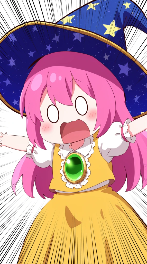 A chibi anime character with bright pink hair, a massive starry wizard hat, and a yellow dress over a frilly white blouse featuring a giant glowing green chest gem. The figure strikes a shocked pose with arms thrown outward, blank white oval eyes, a screaming mouth, and rosy cheeks. Intense black manga speed lines radiate outward across the white background. The illustration utilizes flat cel-shading, bold outlines, and exaggerated comedic styling.