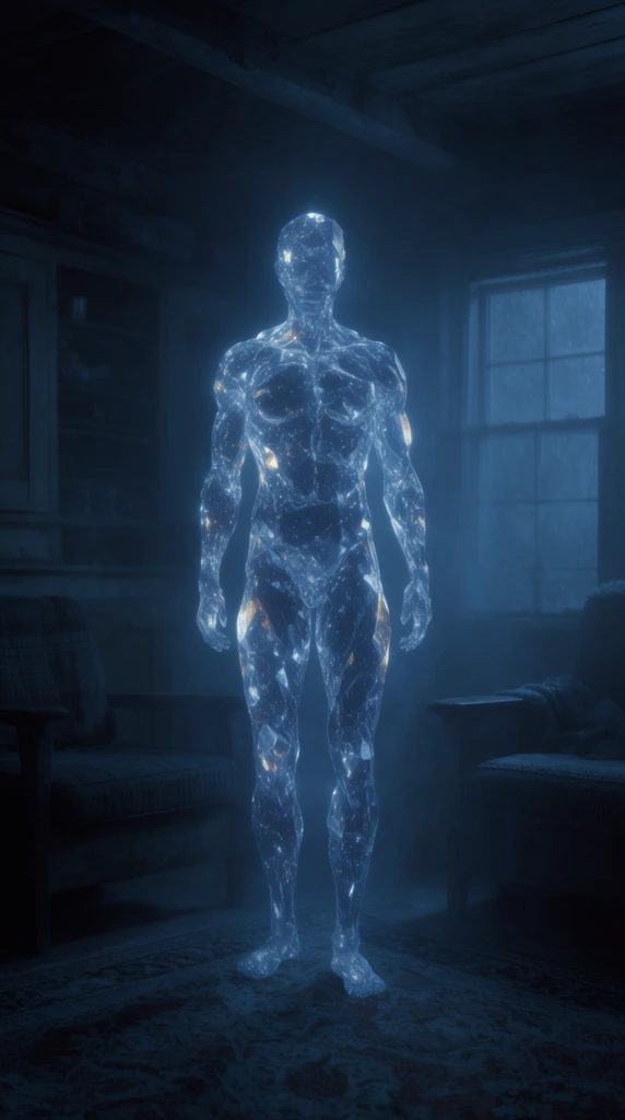 glowing crystalline humanoid figure standing in shadowy mid-century cabin interior, moody cinematic blue lighting, volumetric fog, eerie stillness