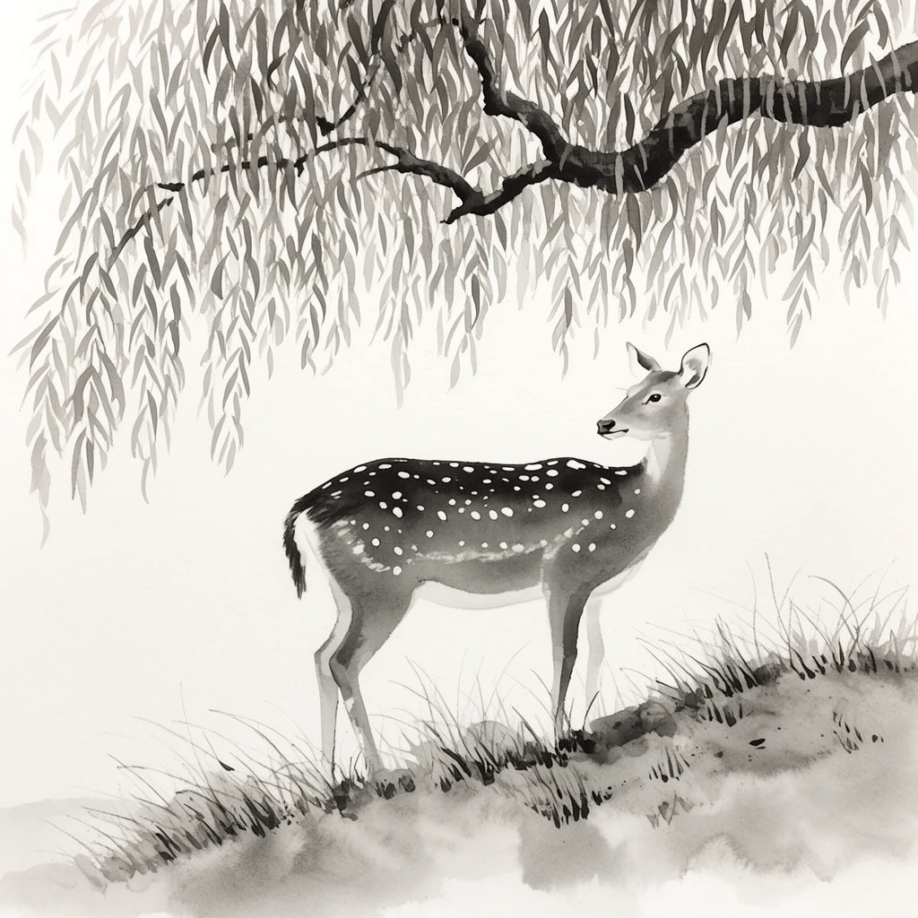 A monochrome ink wash painting captures a spotted deer standing in profile beneath the cascading foliage of a weeping willow. The deer is rendered in soft grayscale gradients with stark white spots along its back. Above, a gnarled branch supports densely draped, elongated leaves painted with crisp, rhythmic strokes. The animal stands on a gently sloping mound textured with expressive tufts of grass and diffused ink washes, all set against a stark, unpainted background that emphasizes the minimalist composition.