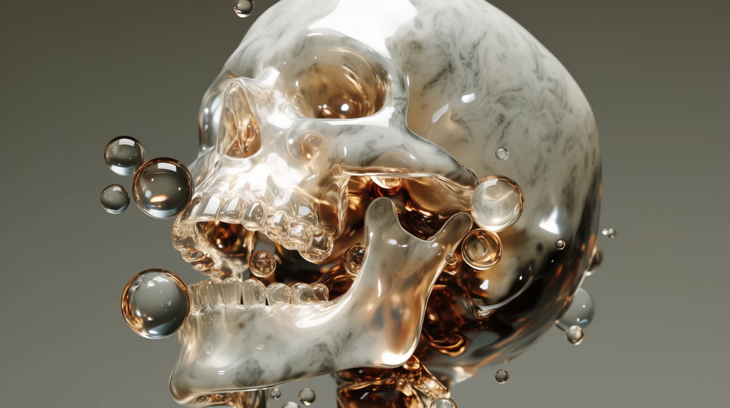 translucent human skull in three-quarter profile, reflective viscous glass material with marbled grey veining, intersecting spherical liquid bubbles, amber and gold refractive lighting, bright specular highlights, floating liquid spheres near open jaw, neutral olive grey background, hyper-realistic 3D render, surreal abstract composition