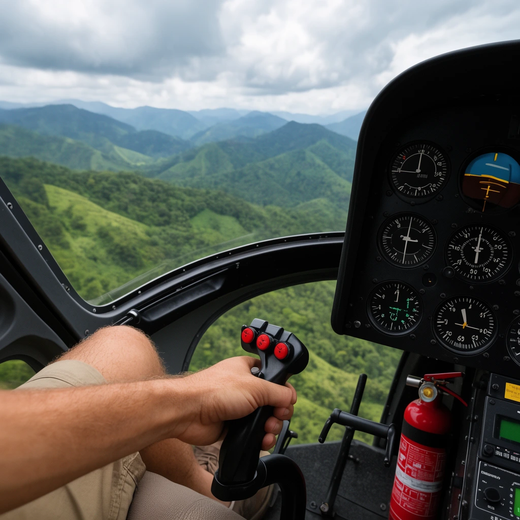 interior helicopter cockpit, pilot hand gripping a black control stick, leg in khaki shorts, black instrument panel with analog gauges, red fire extinguisher, curved glass window revealing lush green rolling mountains, cloudy sky, first-person perspective