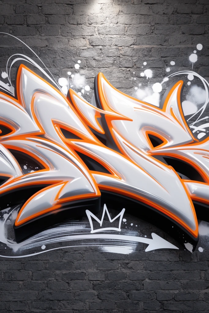 A massive, dynamic 3D graffiti artwork floats against a rough, dark grey brick wall illuminated by a central spotlight. The central composition consists of interlocking, sweeping abstract shapes featuring sharp, aggressive pointed flourishes. These bold forms have glossy, metallic white front faces framed by a vibrant, glowing orange inner outline. A thick, solid black 3D extrusion provides heavy dimensional volume. Scattered around the edges of the colorful mass are crisp white paint splatters, soft cloudy bursts, and swirling abstract line flourishes. A stylized white outline of a small three-pointed crown sits below the vibrant forms, accompanied by sweeping horizontal white brushstrokes and a sharp white arrow, all contrasting sharply against the textured masonry.