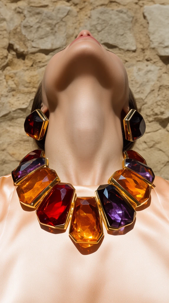 A close-up portrait of a smooth neck and jawline tilted entirely back against a textured tan stone wall. The subject wears a pale peach satin top and massive geometric jewelry with chunky, translucent amber, red, and purple gemstones in gold frames. Direct sunlight casts sharp shadows and warm refractions through the oversized faceted jewels.