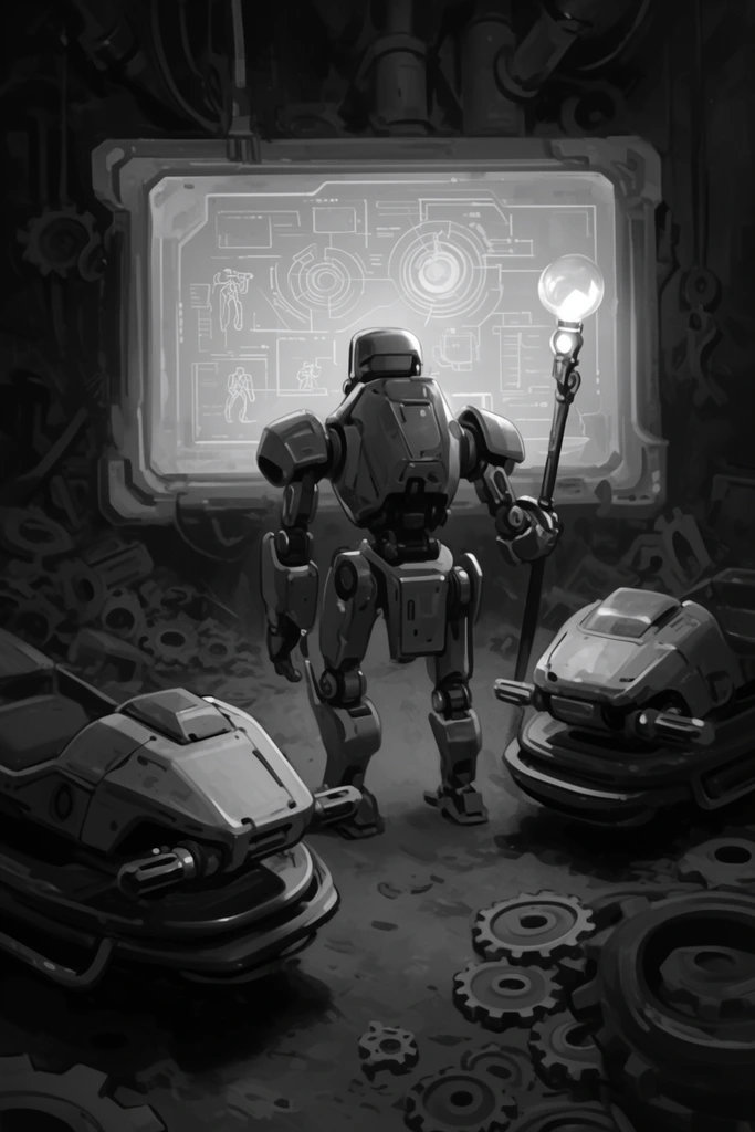 robot scavenger with glowing staff facing illuminated schematic board, dark cluttered workshop, resting hover-sleds, scattered gears, grayscale concept art, cinematic lighting