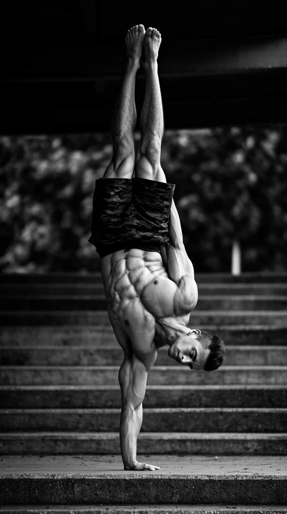 A muscular shirtless man performs a perfectly balanced one-arm handstand on a concrete step. He wears dark camouflage-patterned shorts and is barefoot, with his legs pressed tightly together pointing straight up. His body weight is supported by his rigid right arm, while his left arm is tucked against his torso. His highly defined abdominal and shoulder muscles are accentuated by dramatic, high-contrast lighting. The black-and-white photograph features a shallow depth of field, isolating the athletic figure against a blurred background of horizontal concrete stairs, a dark structural overhang, and out-of-focus foliage.