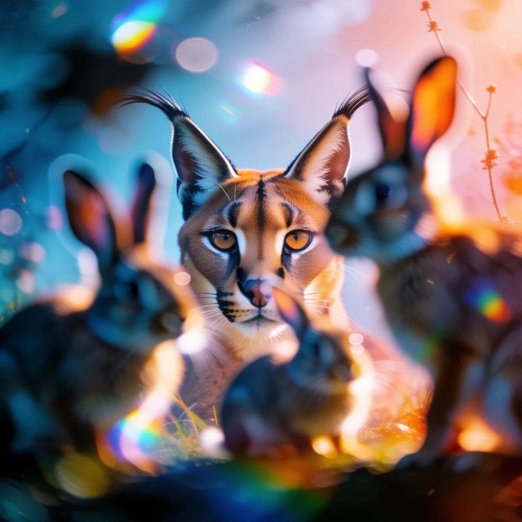ethereal dreamlike macro shot of a caracal surrounded by soft-focus rabbits and hares, extreme bokeh with shallow depth of field, hazy atmospheric light leaks and glowing backlighting, color palette of deep cerulean and teal shadows contrasted with warm amber and peach highlights, layered composition with blurred foreground silhouettes, soft-edged impressionistic aesthetic, nostalgic cinematic quality, ethereal glow on fur textures, high-contrast dreamscape, prismatic lens flares.