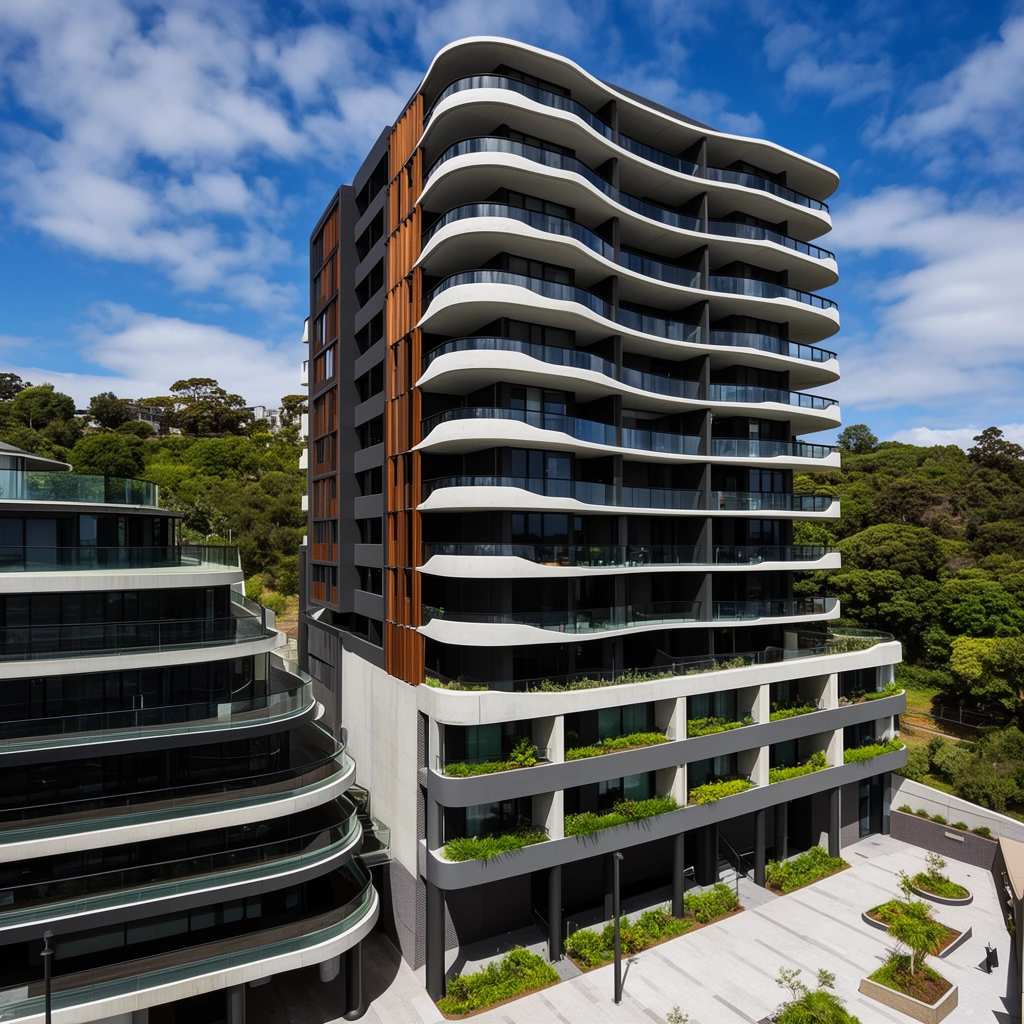modern mid-rise apartment building, undulating wave-like white concrete balconies, dark grey cladding, glass railings, vertical timber accents on side facade, lower podium levels with green terraces, adjacent lower building with curved terraces, ground level paved courtyard, lush green hillside background, bright sunny day, scattered white clouds, high contrast shadows, architectural photography, wide angle perspective, sharp focus, clean urban design